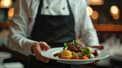 For a luxurious Valentine's Day or anniversary meal, enjoy fine dining with formal hospitality. A server will present a fancy dish for your special dinner date at the restaurant.