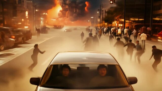 A city street is in chaos, in the foreground is a car driven by two people. People are running around the car, and fire and smoke from the explosion are visible in the background.