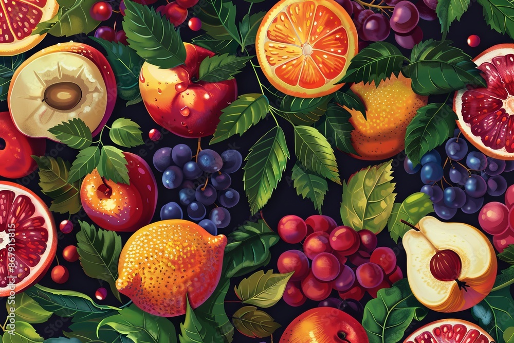 Aufkleber a close-up image of a vibrant and colorful arrangement of various fruits and grapes, featuring lemon