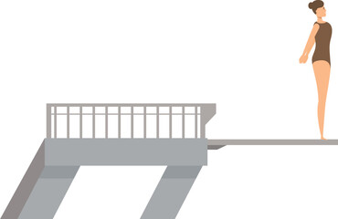 Female athlete is standing on the edge of a high diving board, preparing for a jump