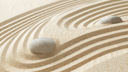 Japanese zen garden showing minimalist wabi sabi style with raked sand and stones