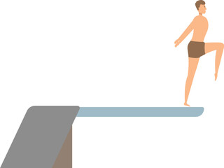 Young man stretching on diving board getting ready to jump in swimming pool