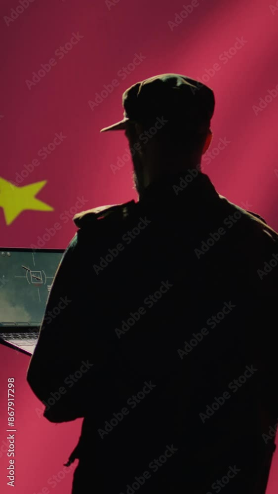 Poster vertical video chinese soldier using radar detecting ballistic missile attacks and conducting genera