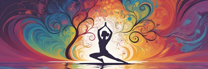Energetic Yoga Pose on Abstract Vibrant Swirls