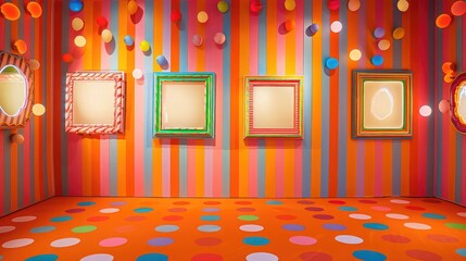 A playful and colorful gallery featuring candy-striped frames on a polka-dotted orange wall, lit by colorful, whimsical lighting fixtures