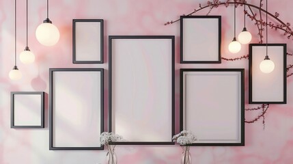 A series of elegant art frames in matte black, displayed on a pastel pink wall under soft, romantic lighting to evoke a gentle, calming atmosphere