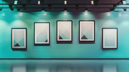 A sleek, modern art display with monochrome geometric frames on a gradient wall transitioning from midnight blue to turquoise, lit by overhead tri-tone lights