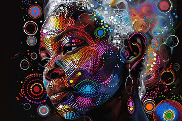 Australian aboriginal dot painting style portrait of an old woman dreaming.