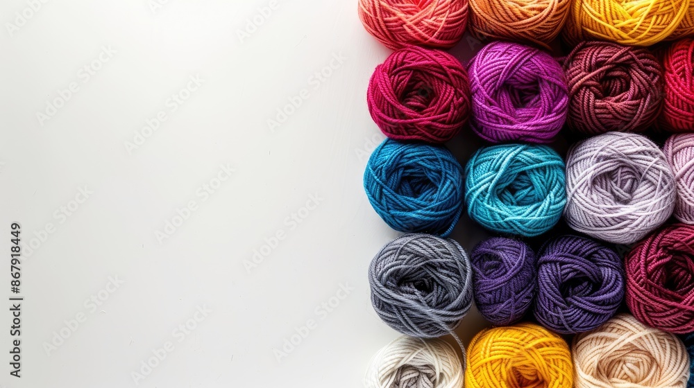 Aufkleber many colorful yarn skeins arranged neatly on white surface with space for text high quality image