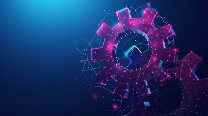 Mechanical gears symbolizing technology, depicted in low-poly vector art, represent industrial advancement, engine functionality, and business solutions.