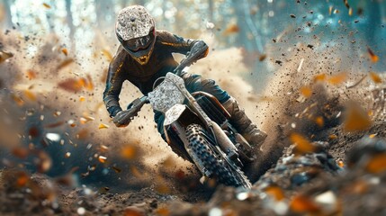 Action-Packed Dirt Bike Rider Racing Through Forest Trail