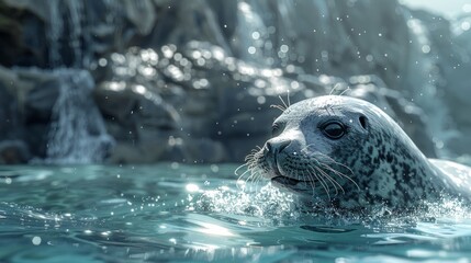 Captivating Close-Up of a Seal Swimming in Pristine Waters by a Scenic Rocky Cascade