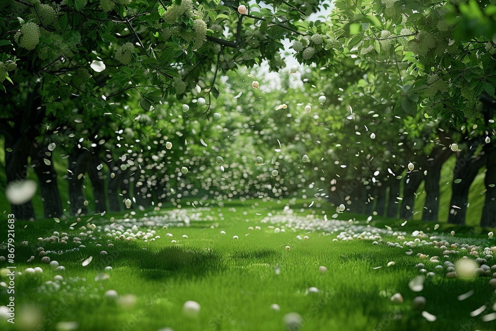 Poster white petals fall from trees in a lush green forest, lit by a bright sun shining through the leaves.