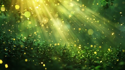 Sunlight Through Leaves with Sparkling Bokeh Effects in Lush Green Forest