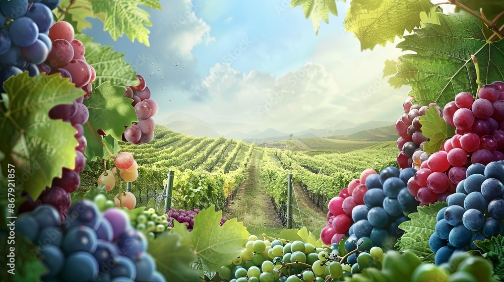 Poster A close-up image of ripe grapes hanging from vines in a vineyard, with the rows of grapevines extending into the distance. Generative AI