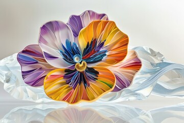 Obraz premium A pansy flower crafted from paper quilling, its multicolored petals displayed elegantly against a crystal clear backdrop, enhancing the playful and vibrant nature of the flower.