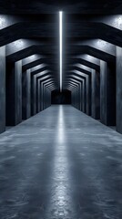 Dark Concrete Led White Lights Underground Tunnel Corridor Cement Asphalt Hallway Warehouse Tunnel Corridor Metal Structure Realistic Empty 3D Rendering