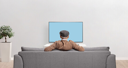 Rear view shot of an elderly man watching tv
