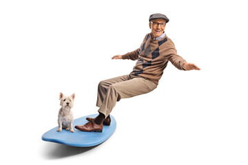 Elderly man with a westie terrier dog on a surfboard