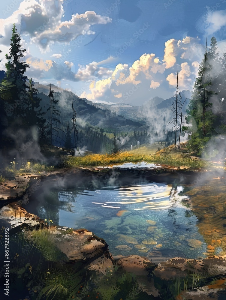 Poster A small pool of water sits nestled amongst the mountains on a clear sunny day. The surrounding trees and hills are covered in a light mist, adding to the serene atmosphere. Generative AI