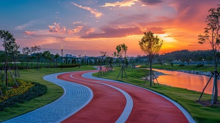 Sunset Over Serene Park with Winding Walkway and River View