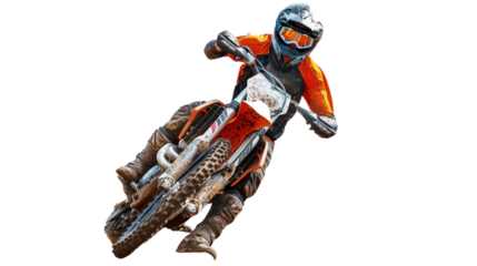 Man on motocross bike in motion on transparent background