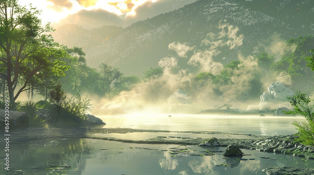 Poster a serene landscape with a tranquil lake reflecting the morning sun, surrounded by a lush forest and 