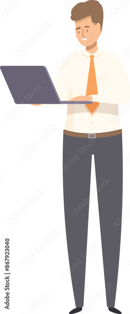 Poster office worker using laptop computer, business character working on a project
