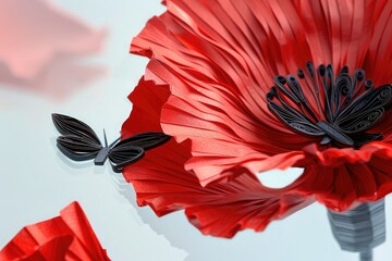 A poppy flower crafted in red paper quilling, with a contrasting black butterfly resting on its edge, against a backdrop clear as glass.