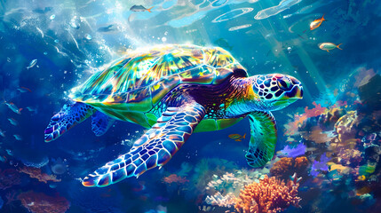 Obraz premium Majestic Green Sea Turtle Exploring Vibrant Underwater Coral Reef Ecosystem Beautiful marine life and colorful tropical fish swimming in the clear blue ocean water