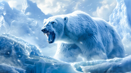 Majestic polar bear roaring with open mouth and bared teeth in a frozen arctic landscape surrounded by snow ice and icebergs  This powerful and dangerous predator is the apex of the Arctic ecosystem