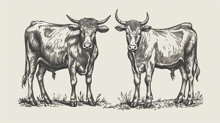An antique engraving featuring two black and white cattle standing in a field. Generative AI