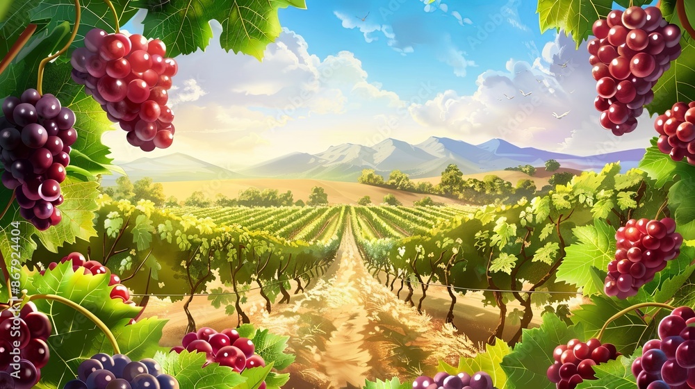 Poster a scenic vineyard with rows of grapevines stretching towards distant mountains under a bright blue s