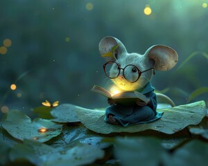 A cute mouse wearing glasses is reading a book in the moonlight. AI.