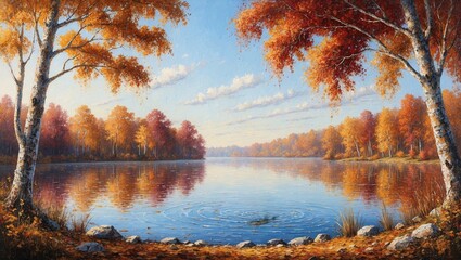 Fototapeta premium Calm lake autumn season painting landscape illustration drawing artwork.
