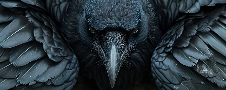Creepy black crow or raven on dark background. Mysterious magic bird. Horror and Halloween concept. Gothic background for banner, poster, card