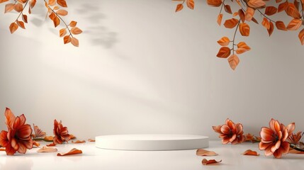 Autumn Product Display Podium with Falling Leaves and Flowers on white background. Minimal empty pedestal with copy space for branding and packaging presentation. Concept of fall seasonal promotion.