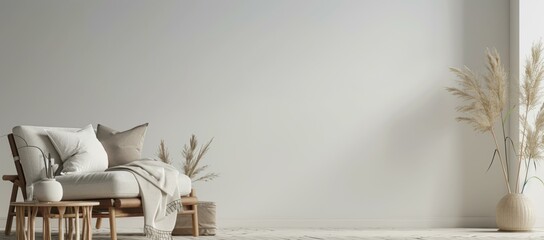 A minimalist living room with a sofa, coffee table, and potted plants. AI.
