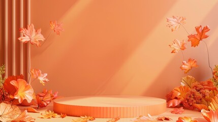 3D render of a minimalist podium or stage surrounded by autumn leaves against an orange background with sunlight. Perfect for fall-themed product displays, advertisements, and backgrounds.