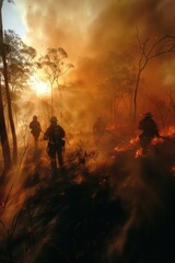 Fototapeta premium Firefighters battle a wildfire. AI.