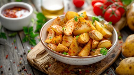 Crispy baked potato wedges with parsley and spices on a wooden cutting board.