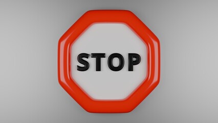 3D rendering of stylized stop sign on white background with copy space.