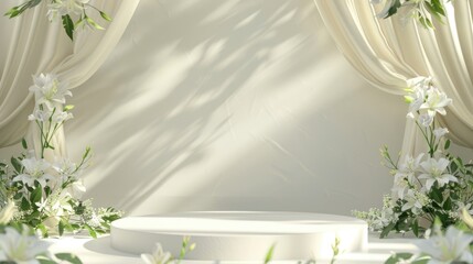 Elegant white podium with lilies and sheer curtains for product placement or presentation. Mockup backdrop with floral decoration and natural lighting, ideal for beauty, cosmetic, or wedding concepts.