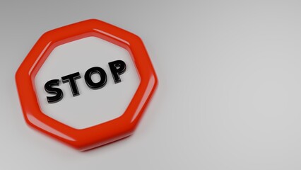 3D rendering of stylized stop sign on white background with copy space.