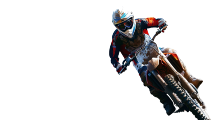 Man on motocross bike in motion on transparent background