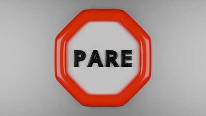 3D rendering of stylized stop sign in Portuguese, on white background with copy space, written 
