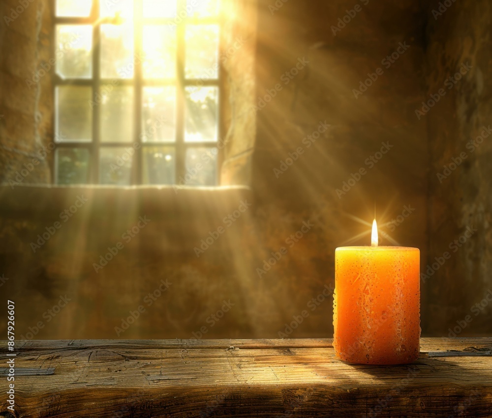 Aufkleber a candle sitting on a table in front of an open window. ai.
