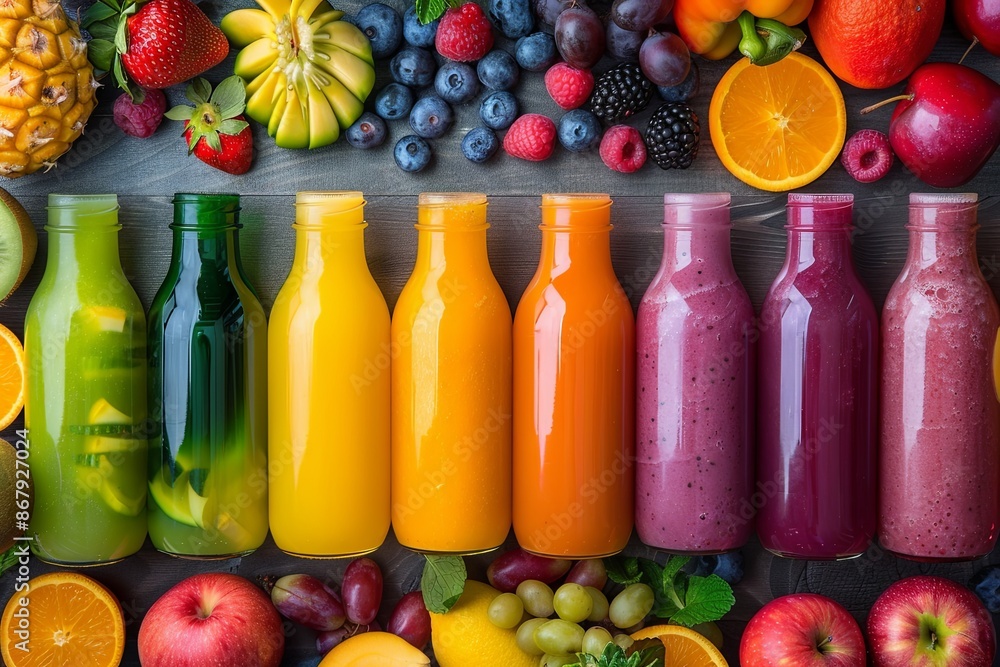 Poster a close-up of eight colorful, freshly made smoothies in glass bottles, arranged in a row on a wooden