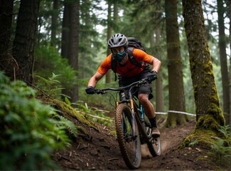 Fototapeta premium A mountain biker rides through a forest. AI.