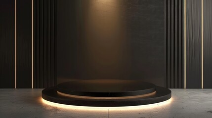 empty podium, Modern black stage with concentric circles and sleek design, perfect for minimalist decor and product presentation